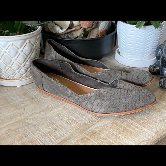 Toms Shoes - Like new olive green suede slip on Toms